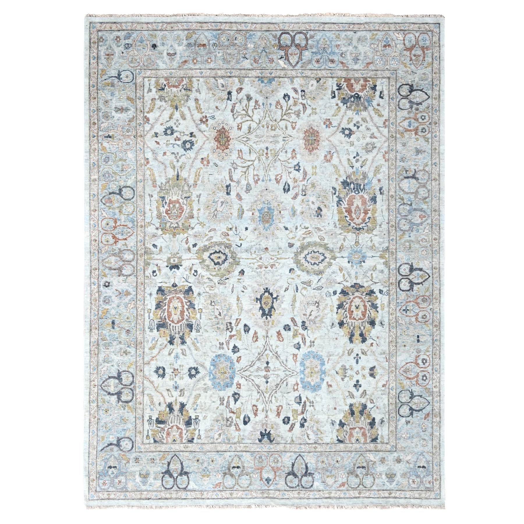 Oyster Gray, Antiqued Persian Ziegler Mahal Design, Distressed, Zero Pile, Shaved Low, Oxidized Hand Knotted, 100% Wool, Oriental Rug